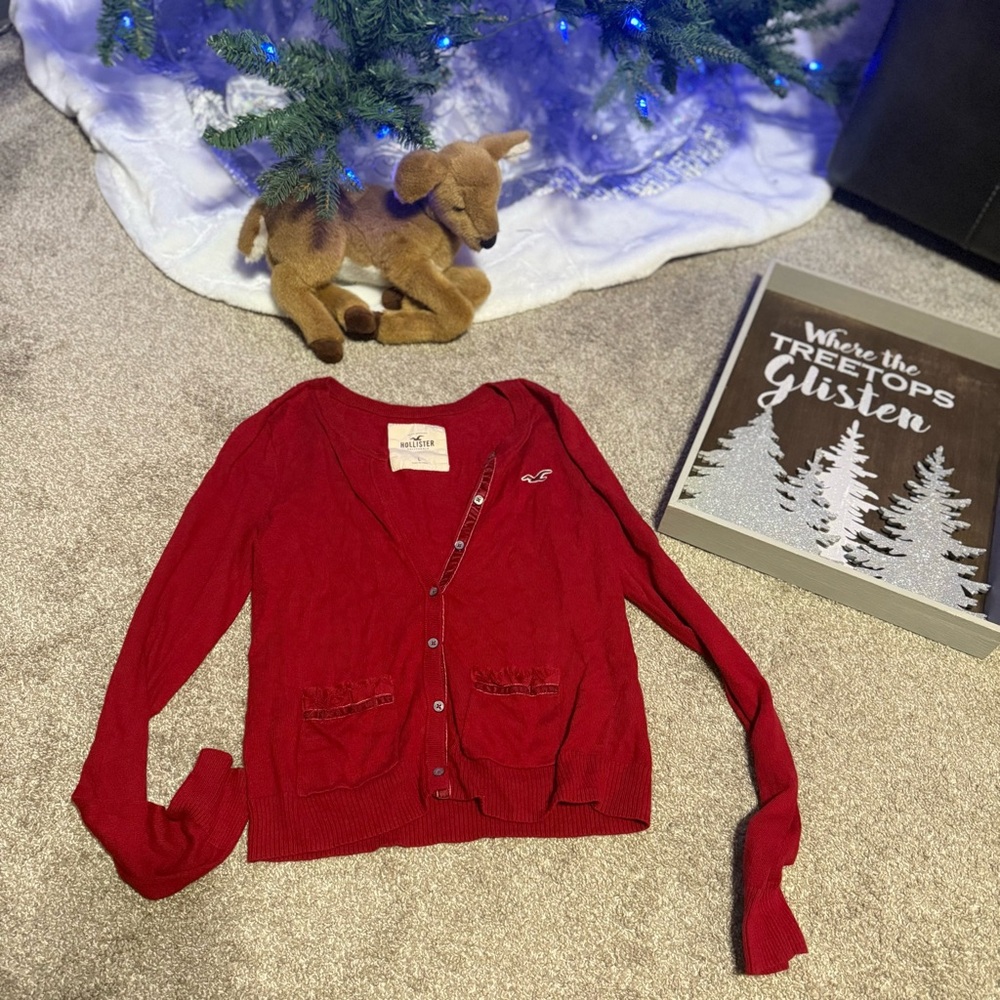 Hollister Co. Women's Red and Burgundy Cardigan velvet & lace fringe details - Picture 2 of 10